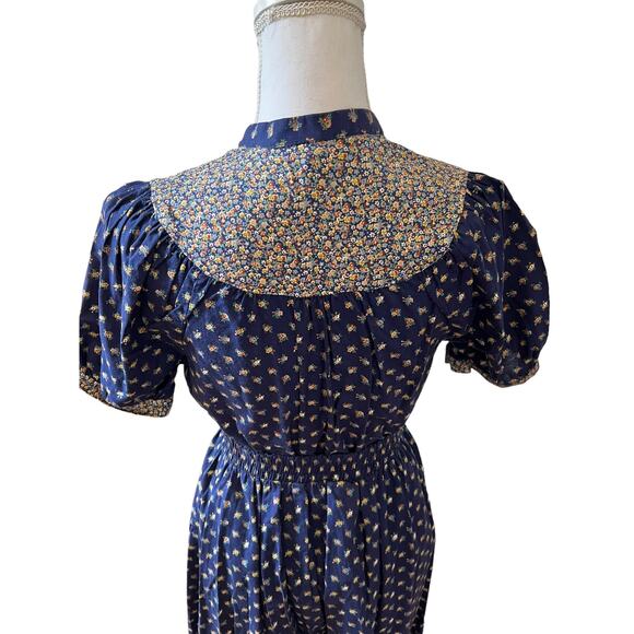 Vintage 70s Cottage Core Prairie Peasant Skirt Set Blue Floral Print - Picture 6 of 12